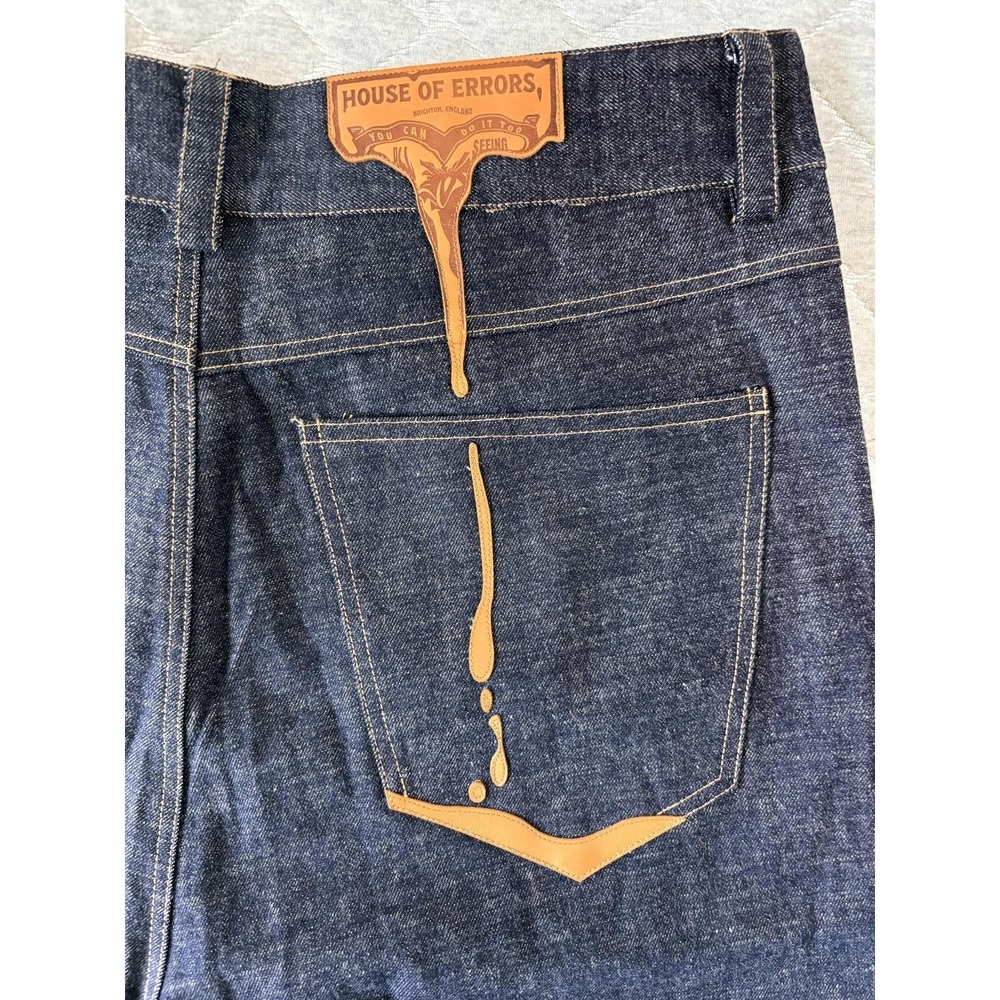 House Of Errors Jeans Mens 40x30 Blue Melting Leather Selvedge Denim Wide Leg - Picture 5 of 11